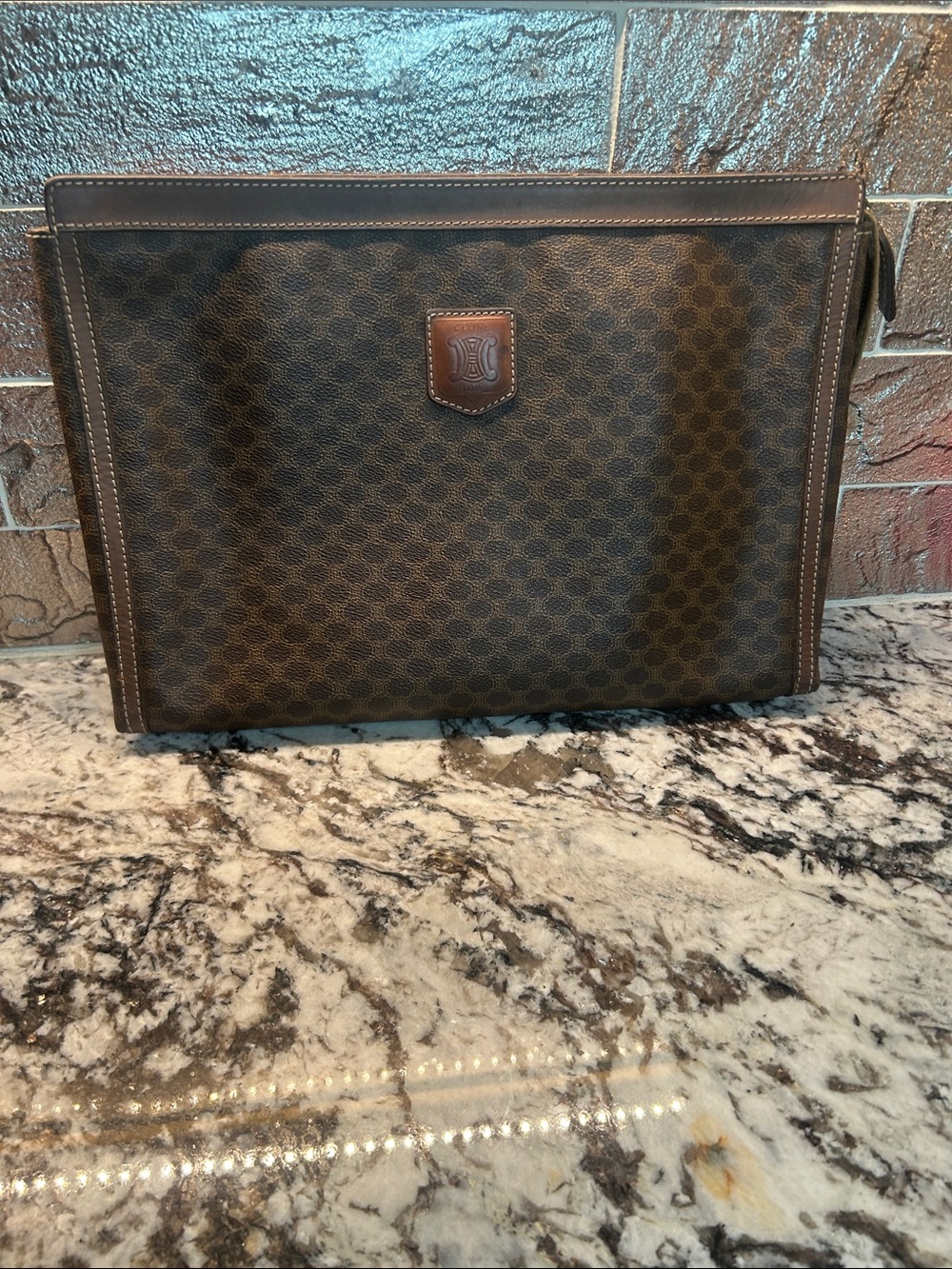 Celine Brown Patterned Canvas pouch with Leather Trim